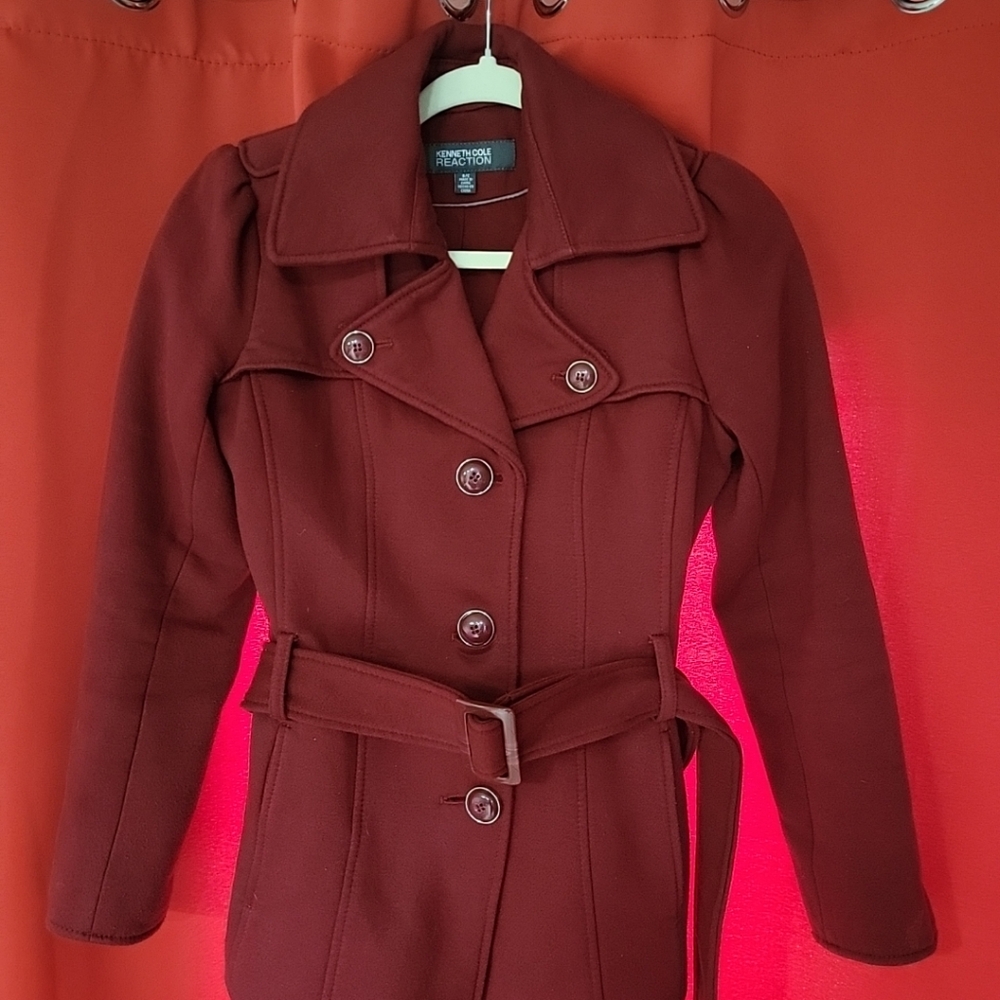Kenneth Cole Jacket Women Small Taupe Belted Button Up Red Coat Outdoor REACTION